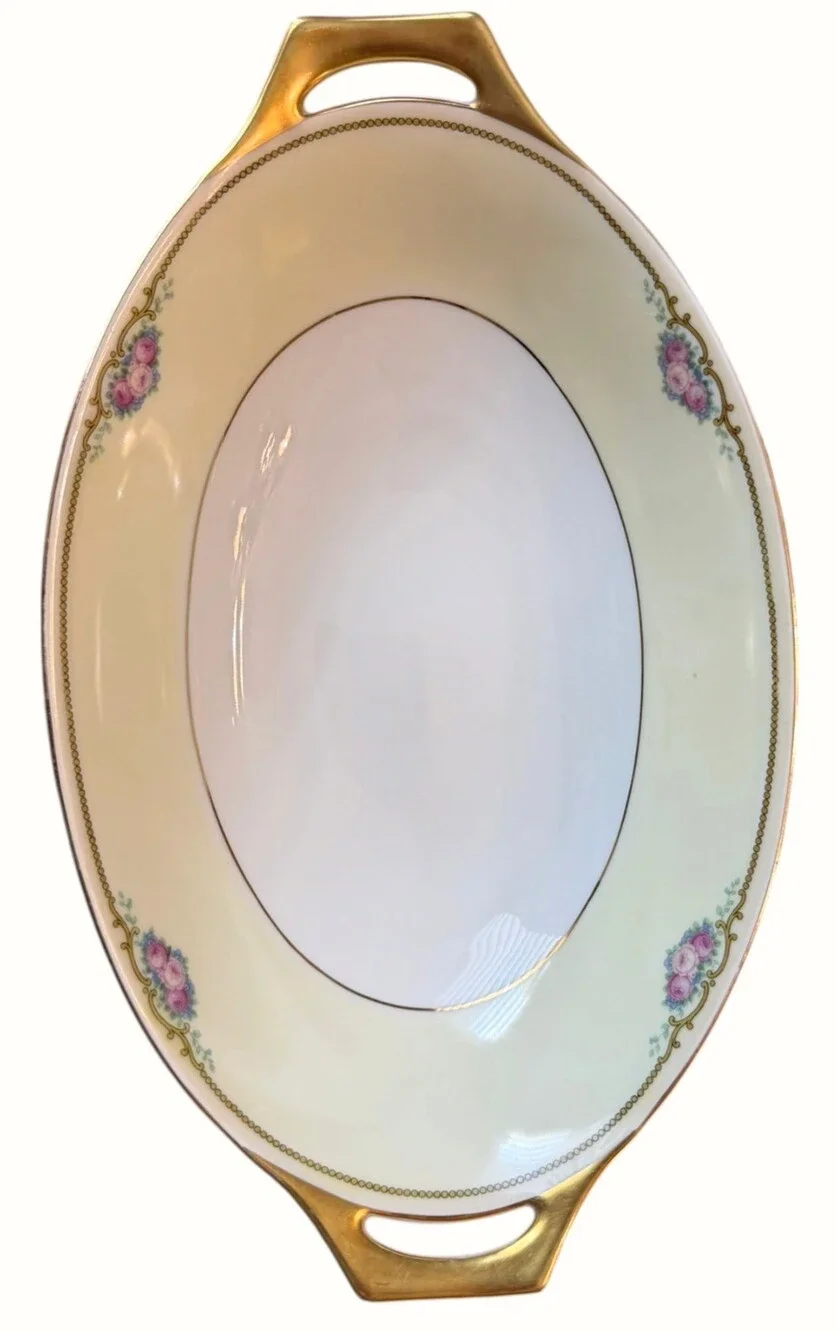 Vintage Thomas Bavaria Lakewood Oval Serving Bowl Pink Roses Gold Handles 11.75